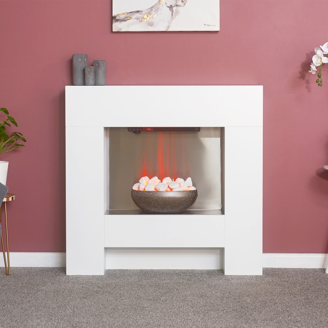 ONLY OPENED - Adam White Freestand Electric Fireplace Suite with Pebble Bowl - Cubist