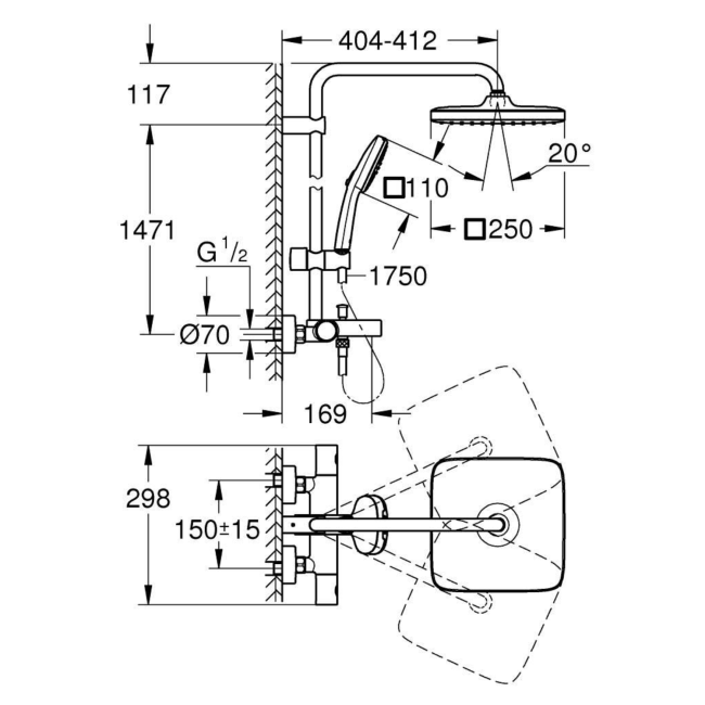 GROHE QuickFix Black Vitalio Start System 250 Shower System with Thermostat for Wall Mounting