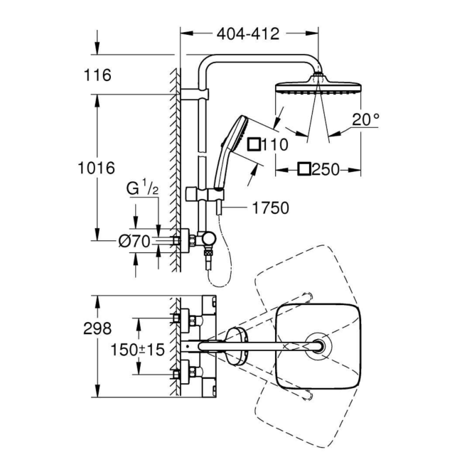 GROHE QuickFix Vitalio Comfort 250 Shower System with Thermostat Wall Mounting