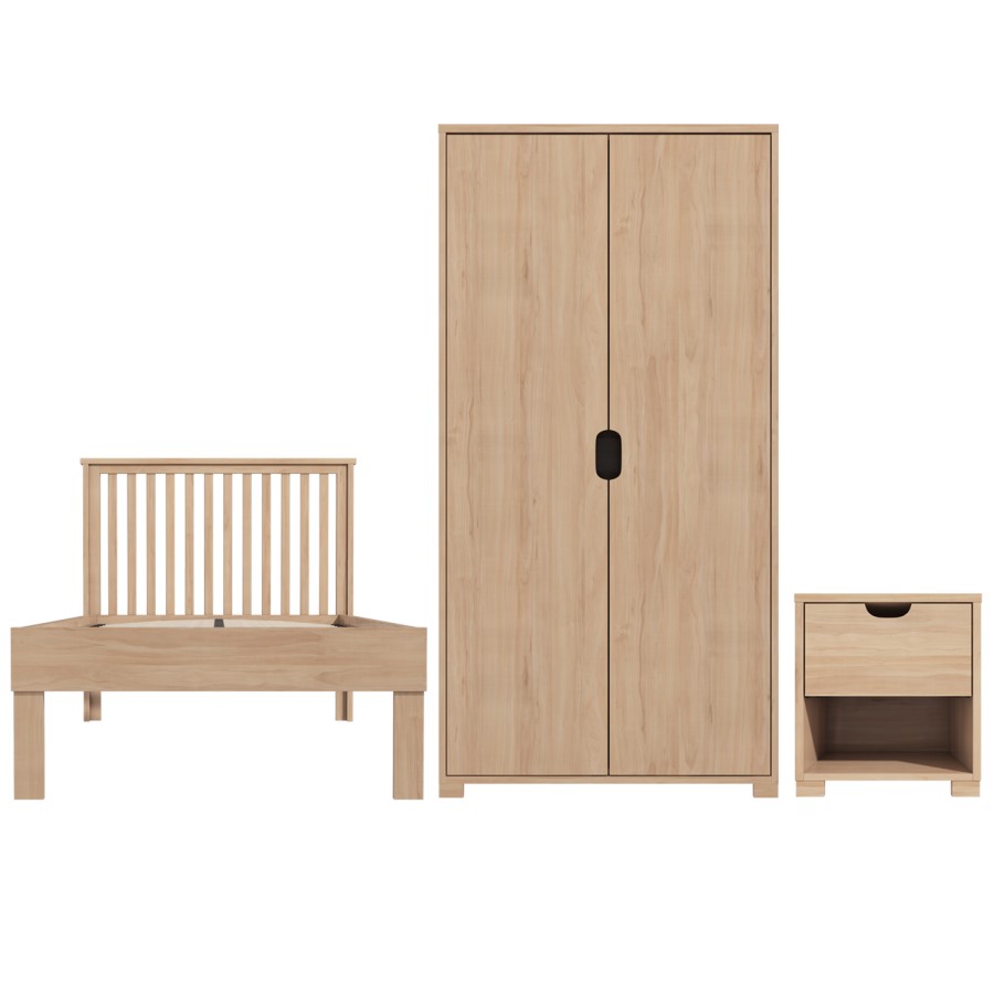 Oak Finish Wardrobe + Single Bed Frame + Bedside Table