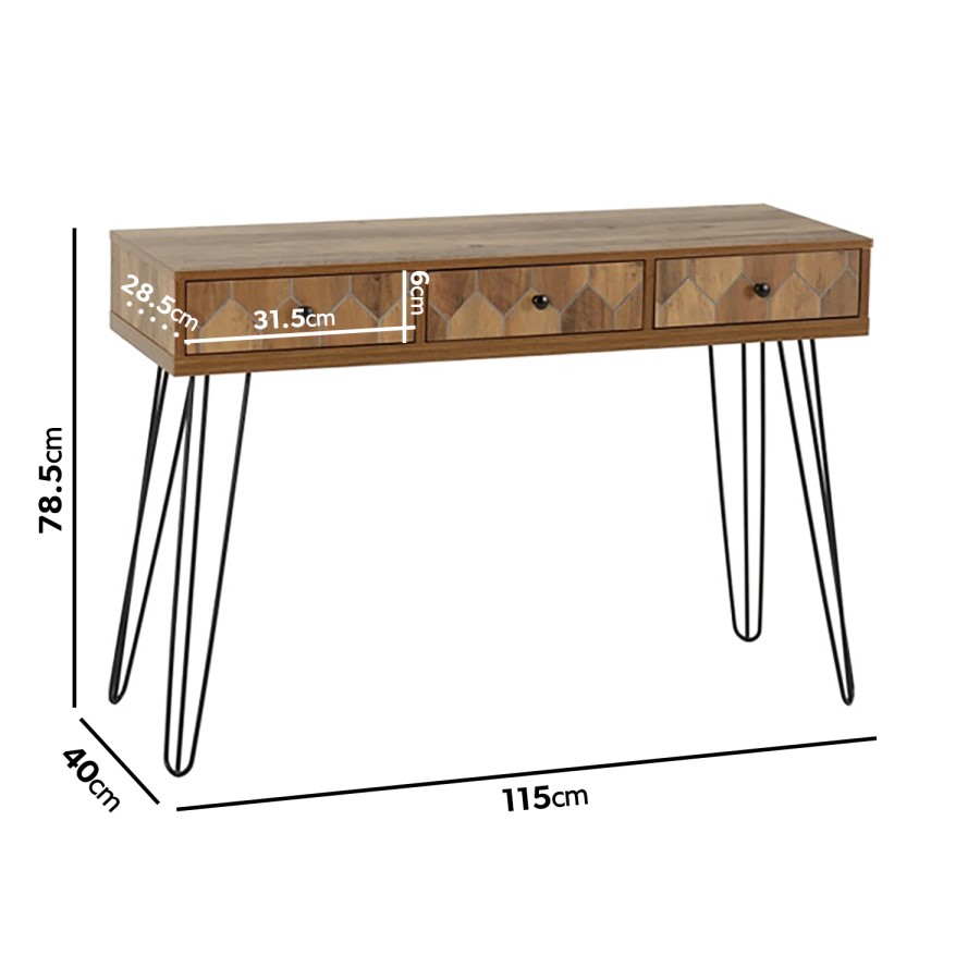 Ottawa Oak Effect & Black 3 Drawer Console Table - Seconique