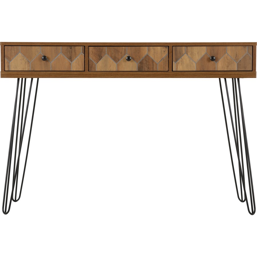 Ottawa Oak Effect & Black 3 Drawer Console Table - Seconique