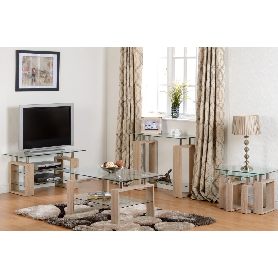 Milan TV Unit in Oak Effect with Glass Shelves - TV's up to 48"