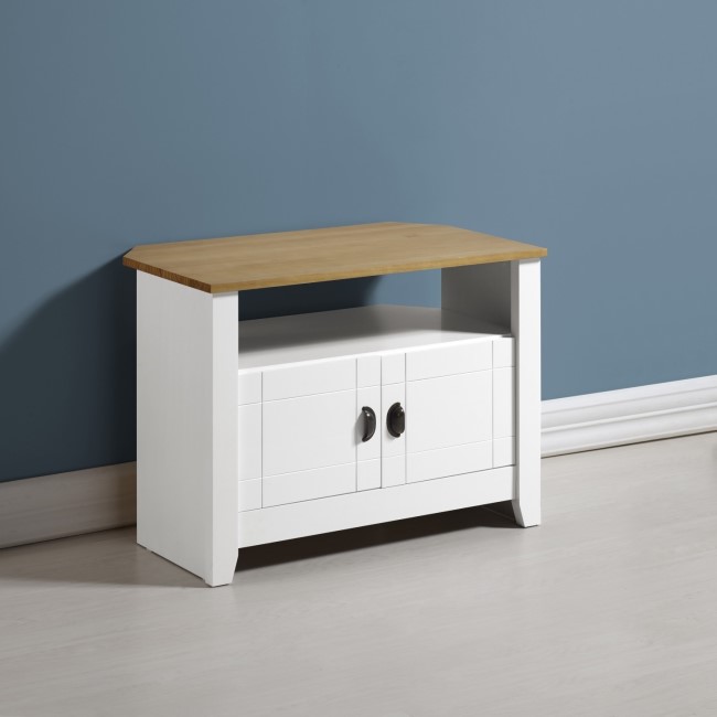 Ludlow Small White TV Stand with Oak Effect Top & Storage - TV's up to 30"