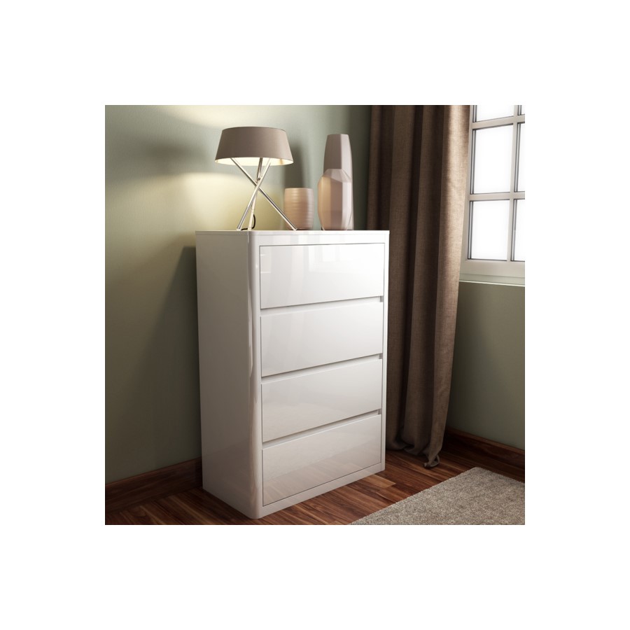 Lexi White High Gloss Bedside Table + Wardrobe + 4 Drawer Chest