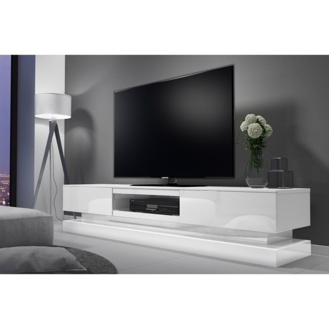 Grade A1 - Evoque Large White High Gloss TV Unit with LED Lighting - TV's up to 70"