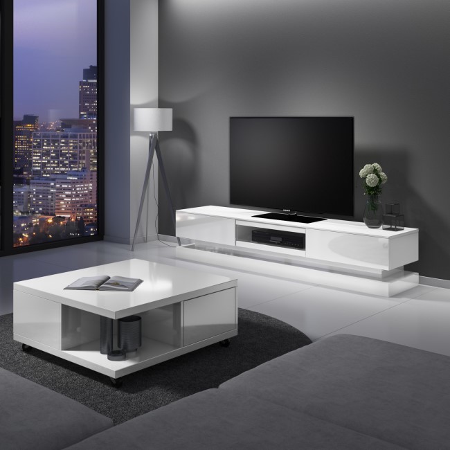 Grade A1 - Evoque Large White High Gloss TV Unit with LED Lighting - TV's up to 70"