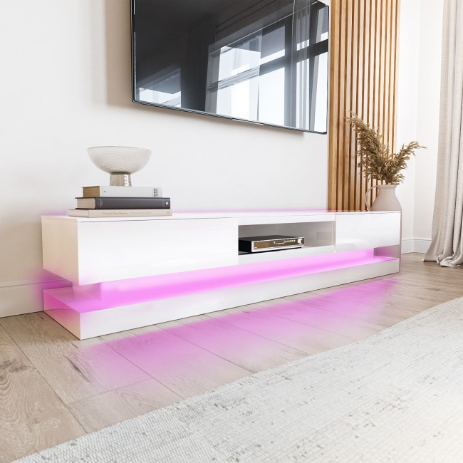 Wide White Gloss TV Stand with Storage & LEDs - TV's up to 70" - Evoque