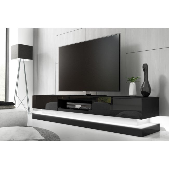 Grade A1 - Large Black High Gloss TV Unit with LED Lighting - TV's up to 70" - Evoque