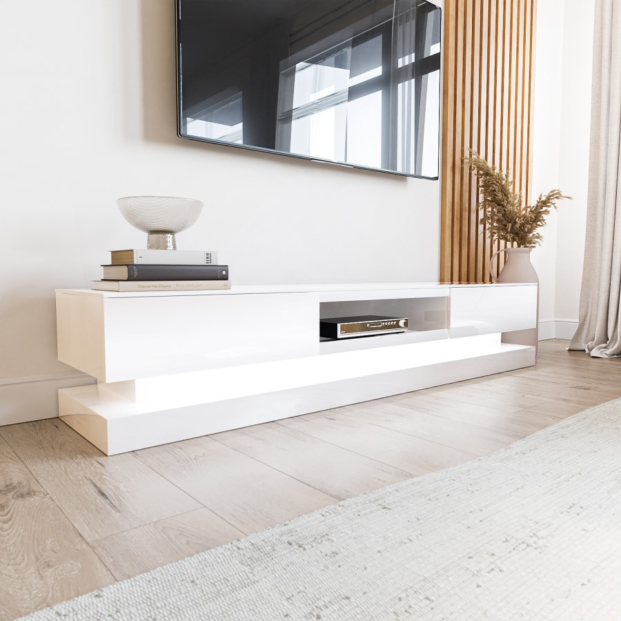 Wide White Gloss TV Stand with LEDs - TV's up to 70" - Evoque