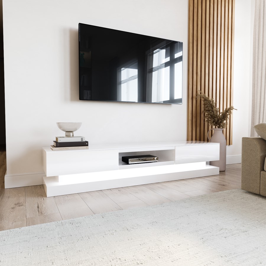 Wide White Gloss TV Stand with LEDs - TV's up to 70" - Evoque