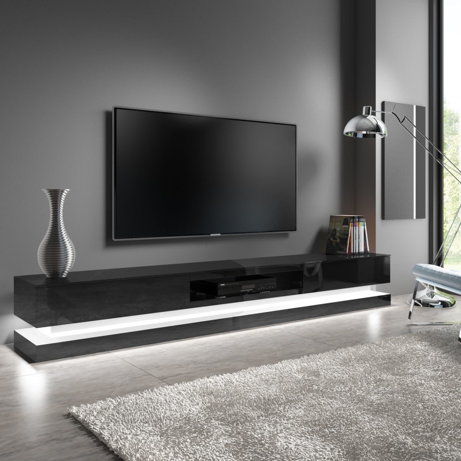 GRADE A2 - Extra Large Black Gloss TV Stand with LEDs- TV's up to 80" - Evoque