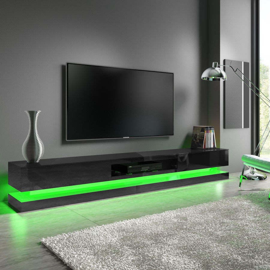GRADE A2 - Extra Large Black Gloss TV Stand with LEDs- TV's up to 80" - Evoque