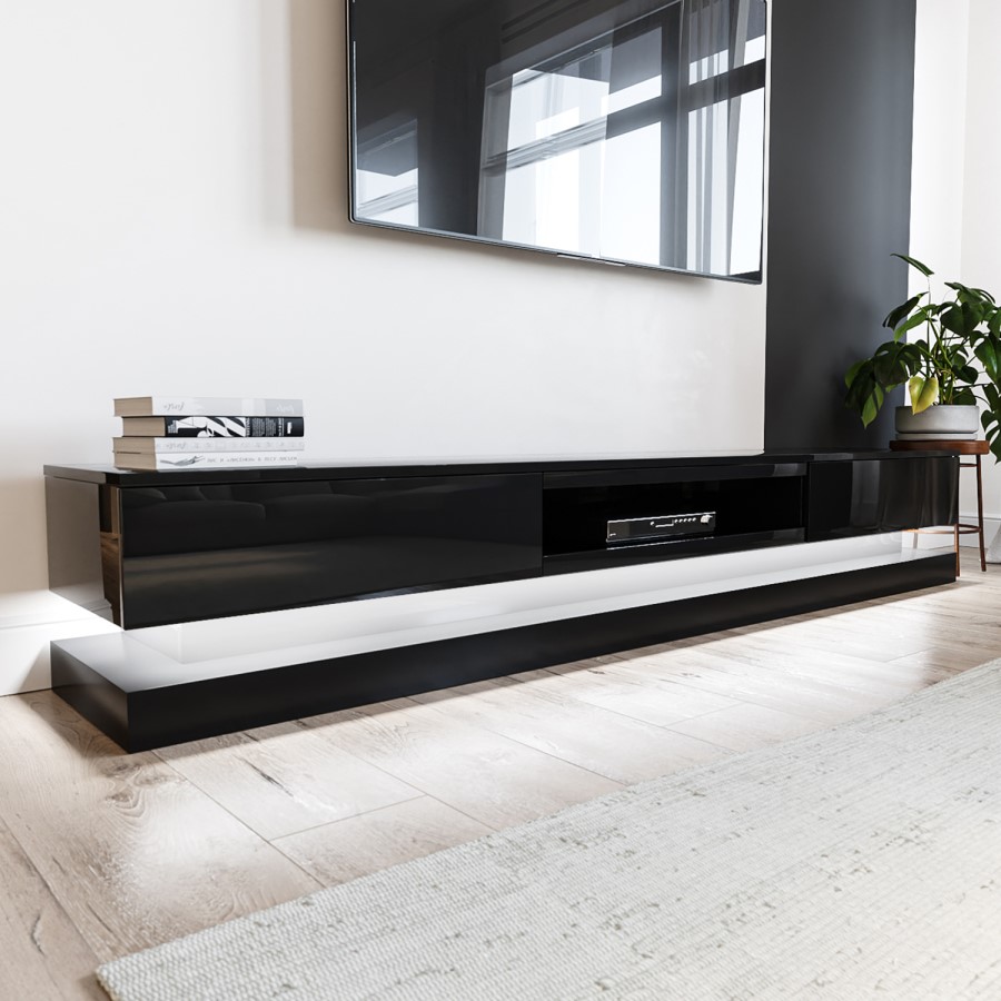 Large Black Gloss TV Stand with Storage & LED Lights - TV's up to 70" - Evoque