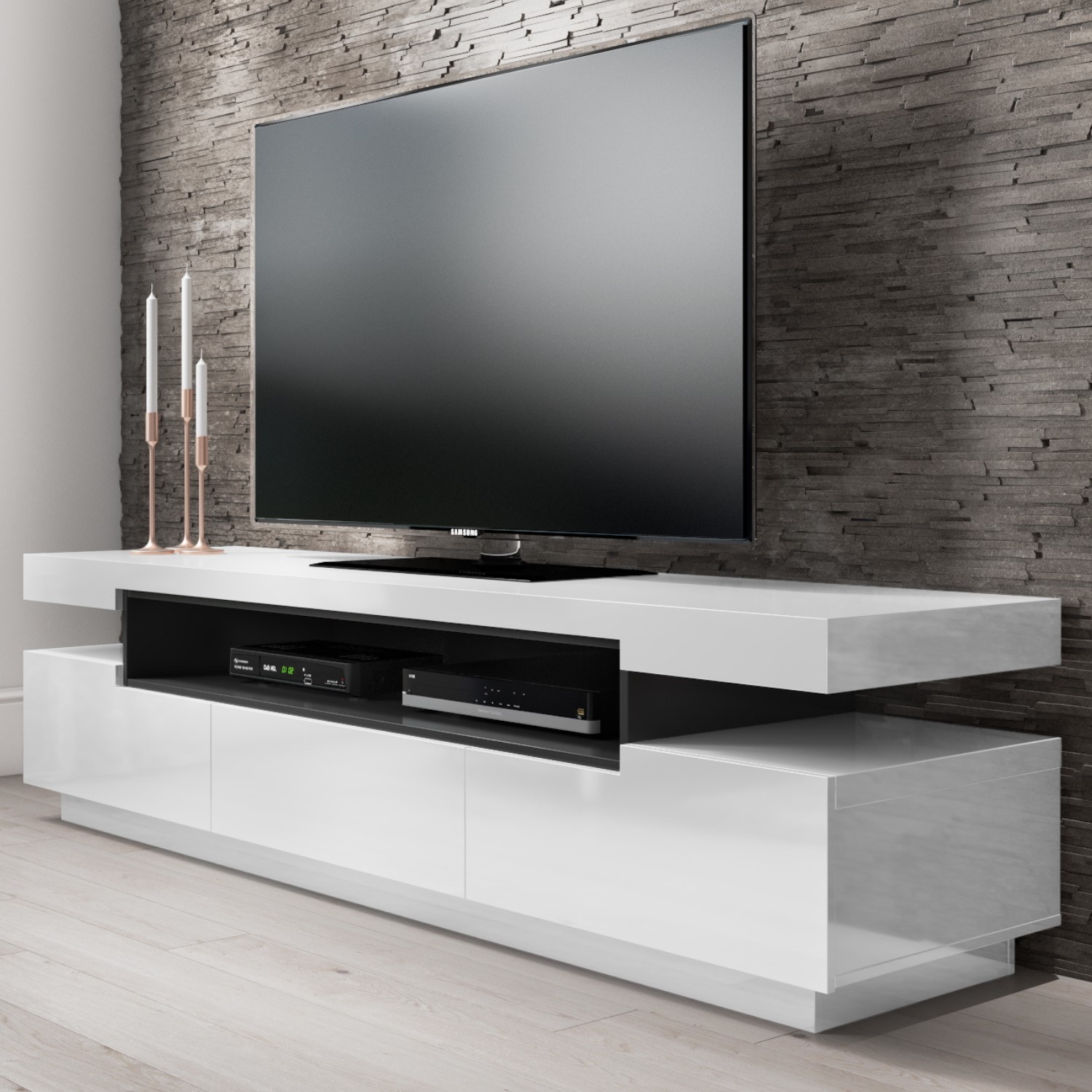 Photo of Wide white gloss tv stand with storage - tvs up to 85 - harlow