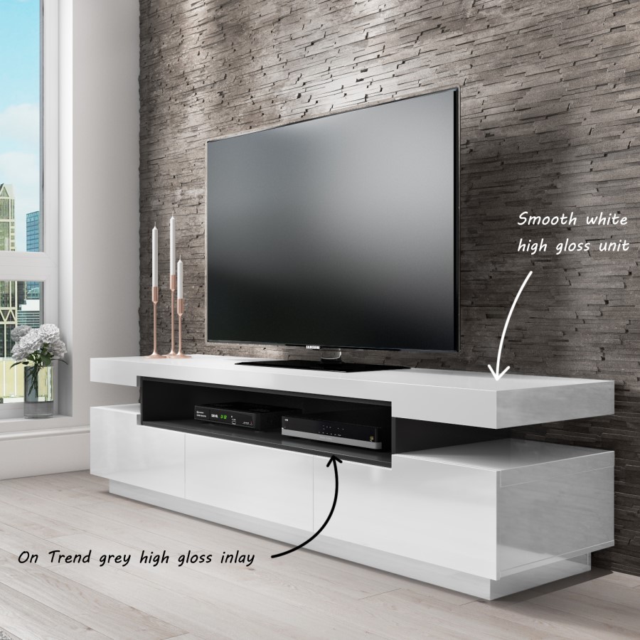 GRADE A1 - Harlow Large White High Gloss TV Unit with Grey Soundbar Shelf