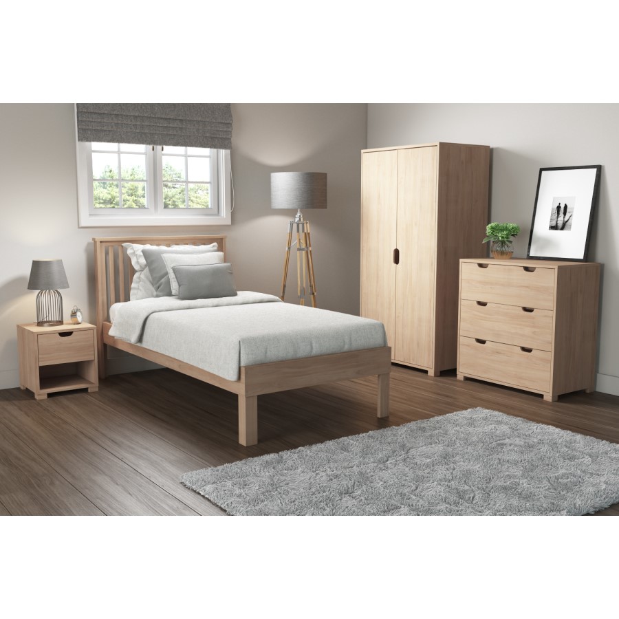 Oak Finish Wardrobe + Single Bed Frame + Bedside Table
