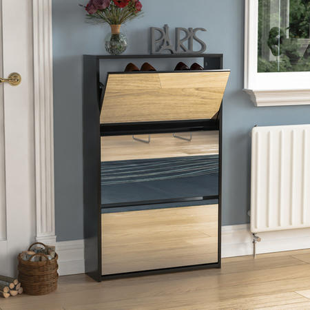 Slim Black Shoe Cabinet 3 Mirrored Doors - Walham