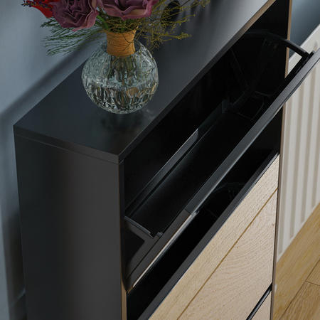 Slim Black Shoe Cabinet 3 Mirrored Doors - Walham