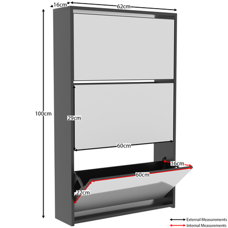 Slim Black Shoe Cabinet 3 Mirrored Doors - Walham