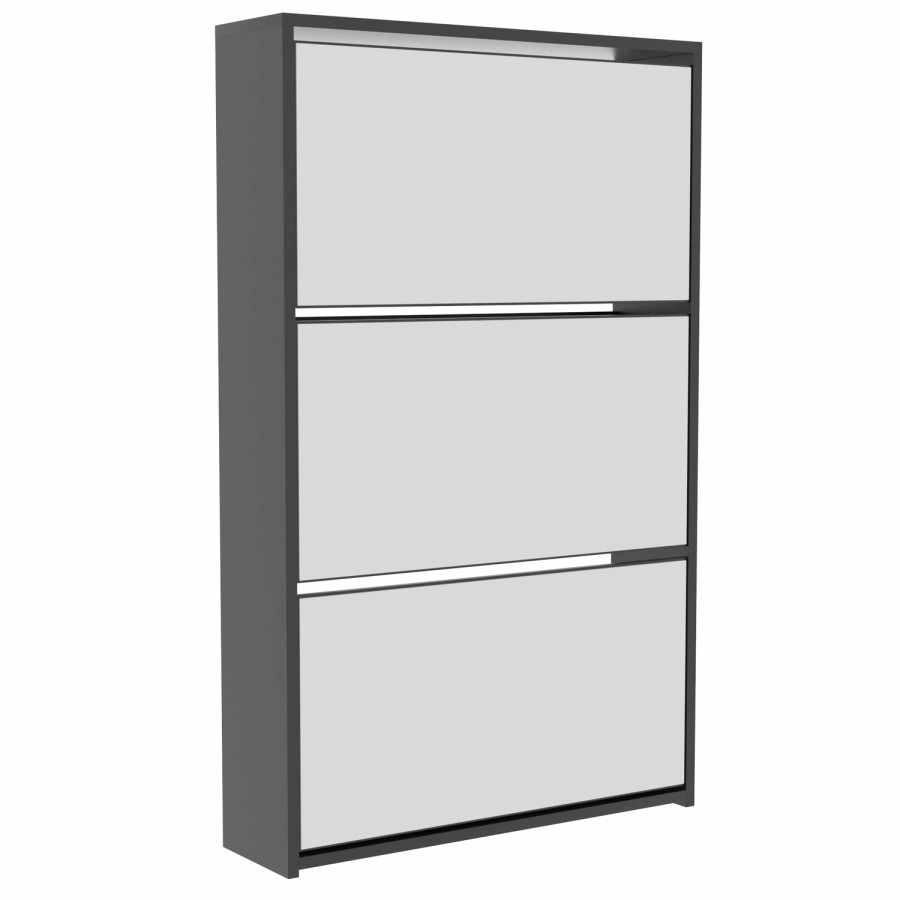 Slim Black Shoe Cabinet 3 Mirrored Doors - Walham
