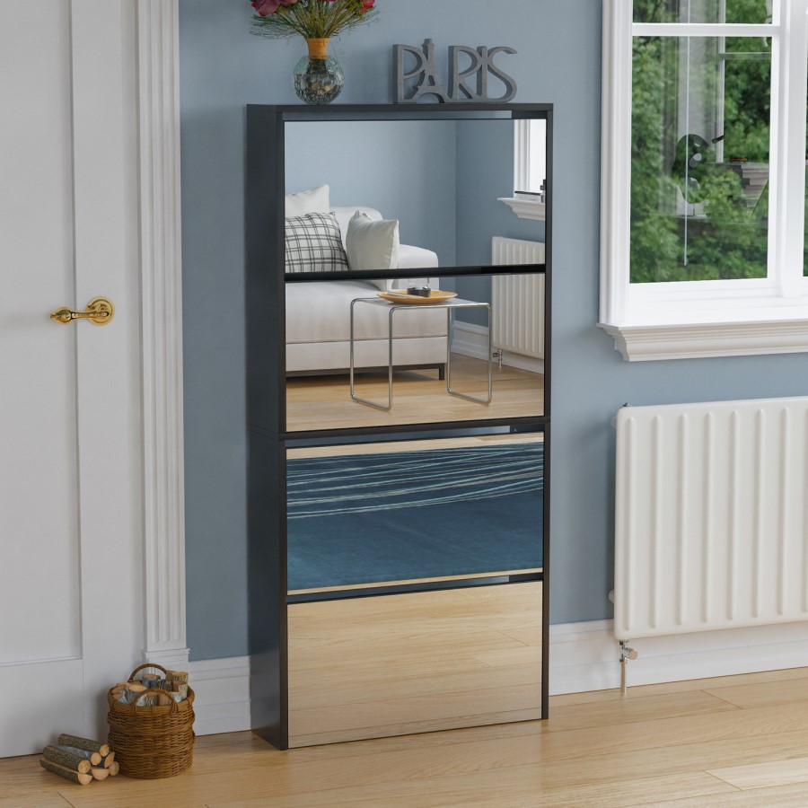 Slim Black Shoe Cabinet 4 Mirrored Doors - Walham