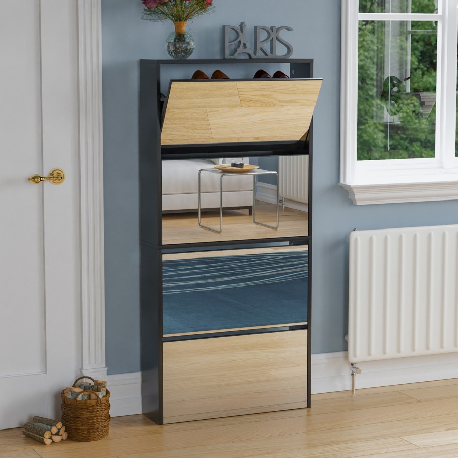 Slim Black Shoe Cabinet 4 Mirrored Doors - Walham