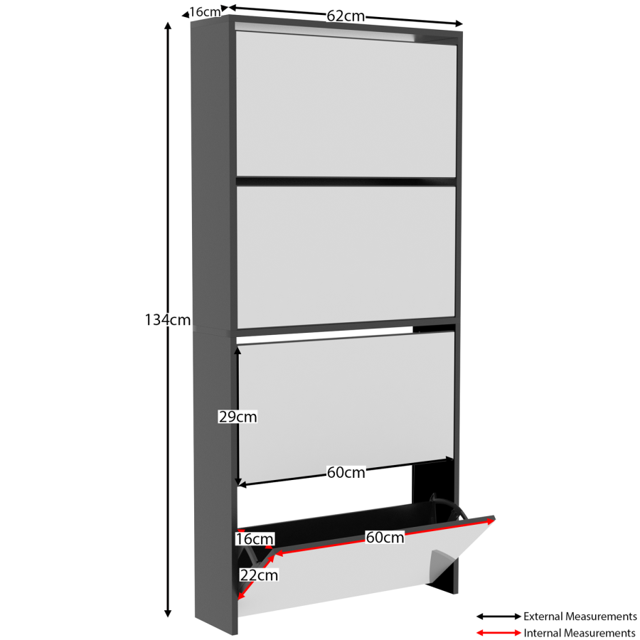 Slim Black Shoe Cabinet 4 Mirrored Doors - Walham