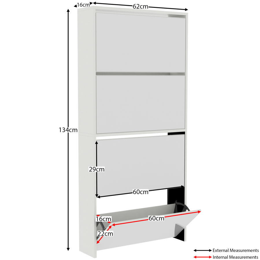 Slim White Shoe Cabinet 4 Mirrored Doors - Walham