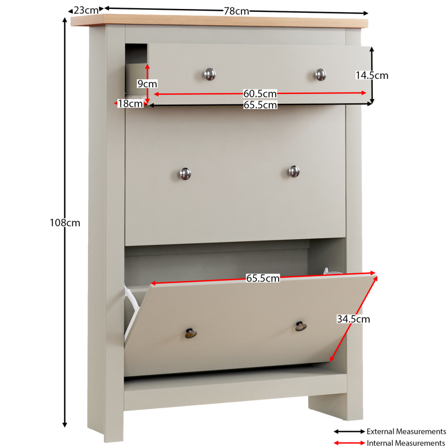 Slim Grey & Oak Shoe Cabinet 2 Door 1 Drawer - Arlington