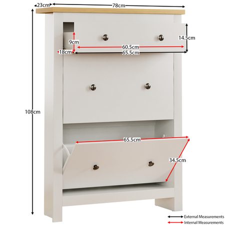 Slim White & Oak Shoe Cabinet 2 Door 1 Drawer - Arlington