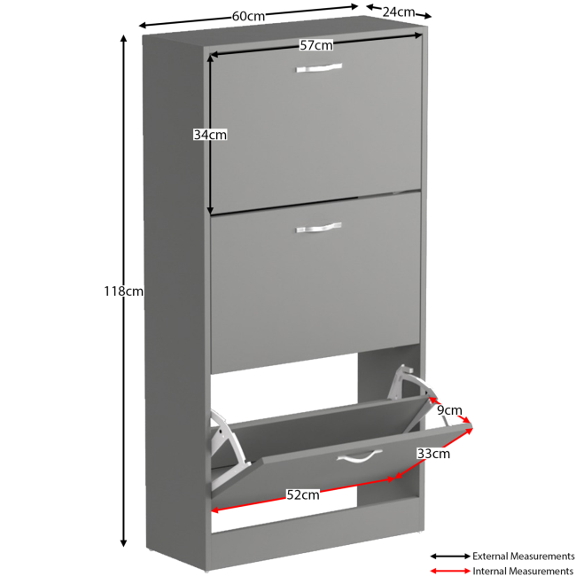 Slim Grey Shoe Cabinet 3 Doors