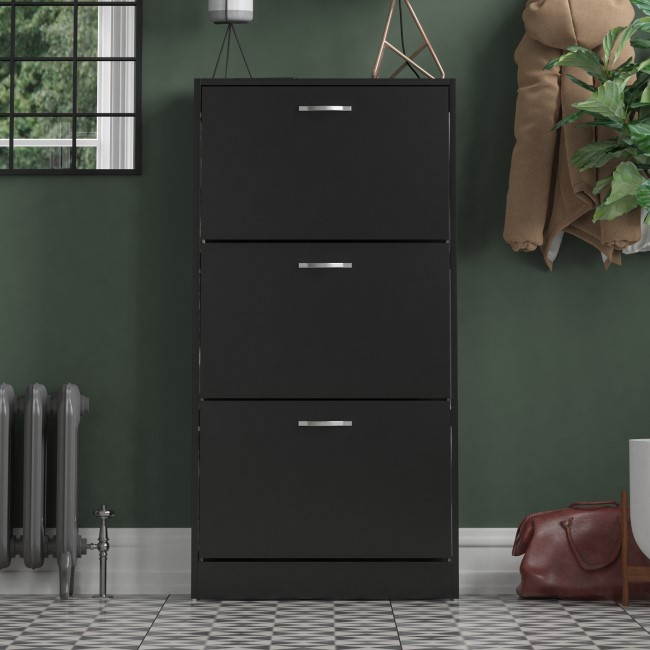 Slim Black Shoe Cabinet 3 Doors