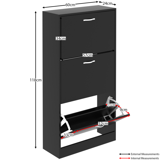 Slim Black Shoe Cabinet 3 Doors