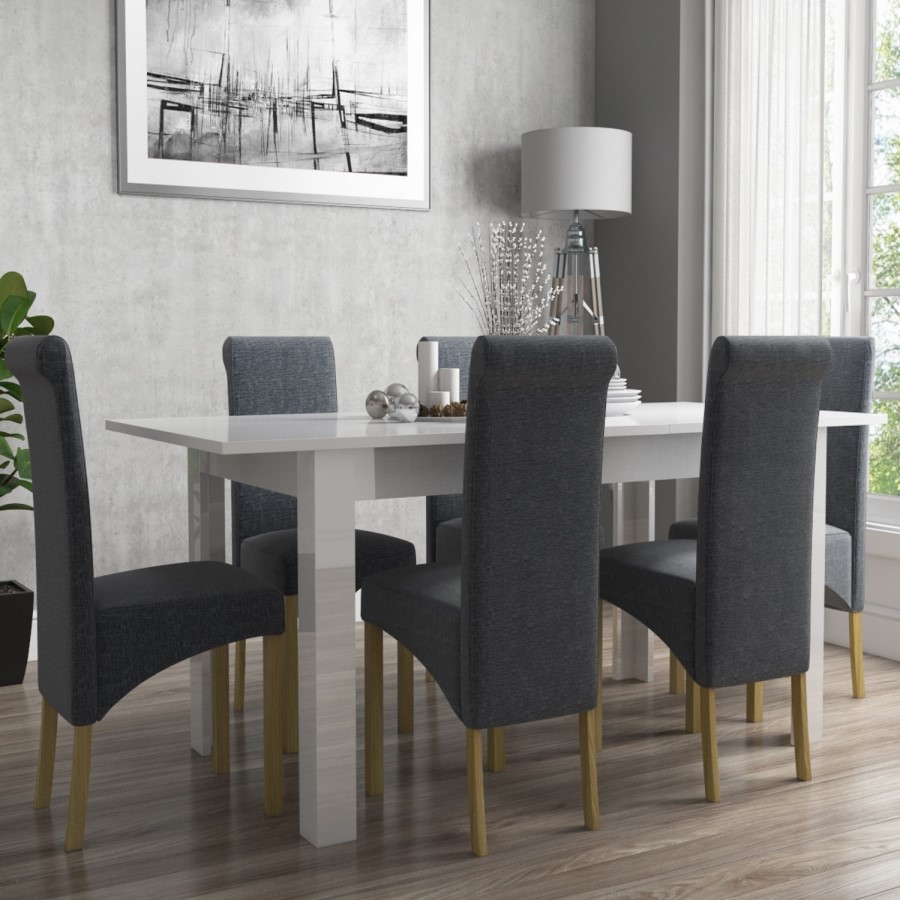 Vivienne White High Gloss Flip Top Dining Table and 6 Slate Roll Back Chairs