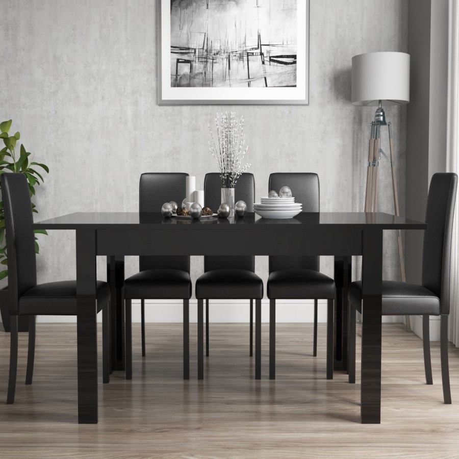 Black Gloss Extending Dining Table and 8 Black Faux Leather Chairs
