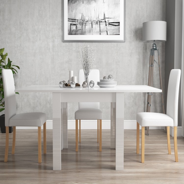 White High Gloss Flip Top Dining Table and 4 White Faux Leather Chairs