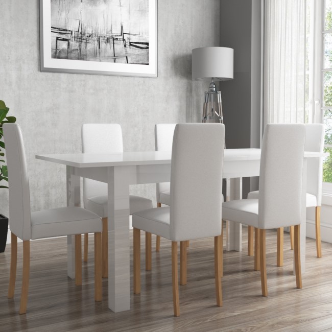 White High Gloss Flip Top Table and 6 White Faux Leather Chairs