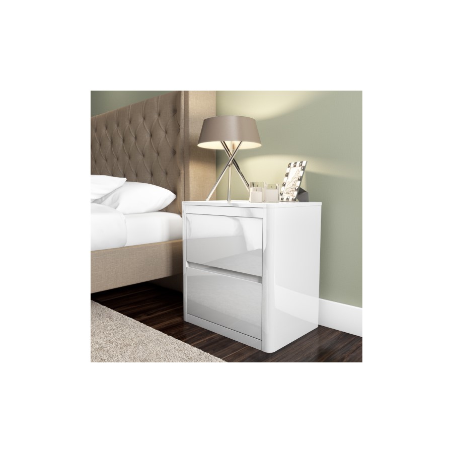 Lexi Bedside White High Gloss Bedside Table + Wardrobe + 3 Drawer Chest
