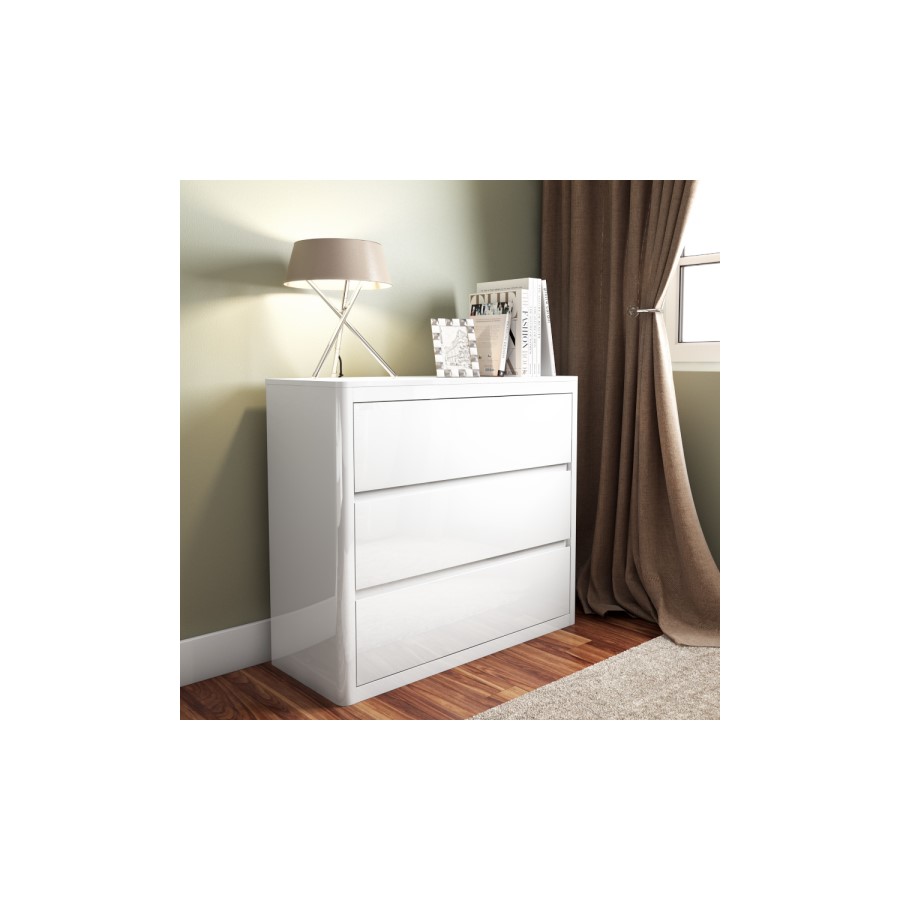 Lexi Bedside White High Gloss Bedside Table + Wardrobe + 3 Drawer Chest