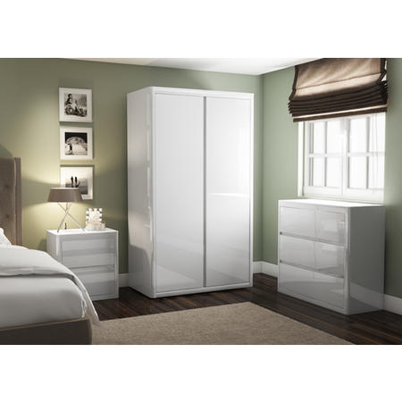 Lexi White High Gloss Bedside Table + Wardrobe + 4 Drawer Chest