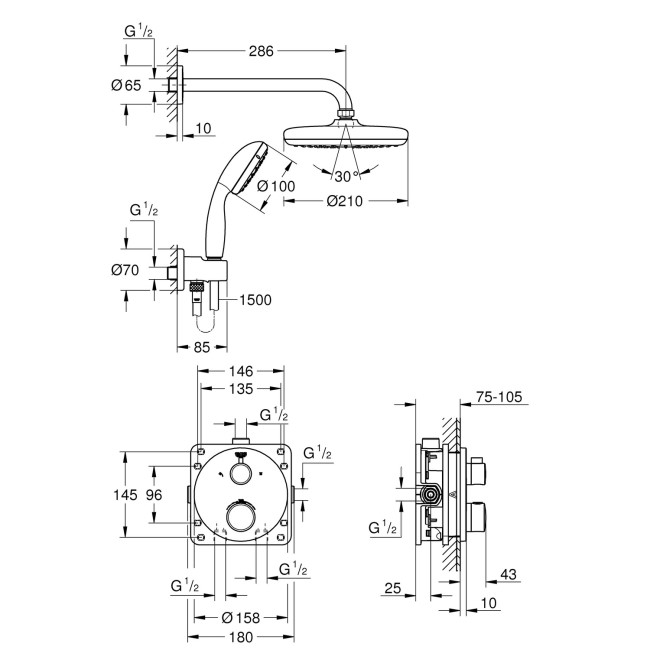 Grohe Tempesta 210 Chrome Concealed Shower Set Mixer with Dual Control & Round Wall Mounted Head and Hand Shower