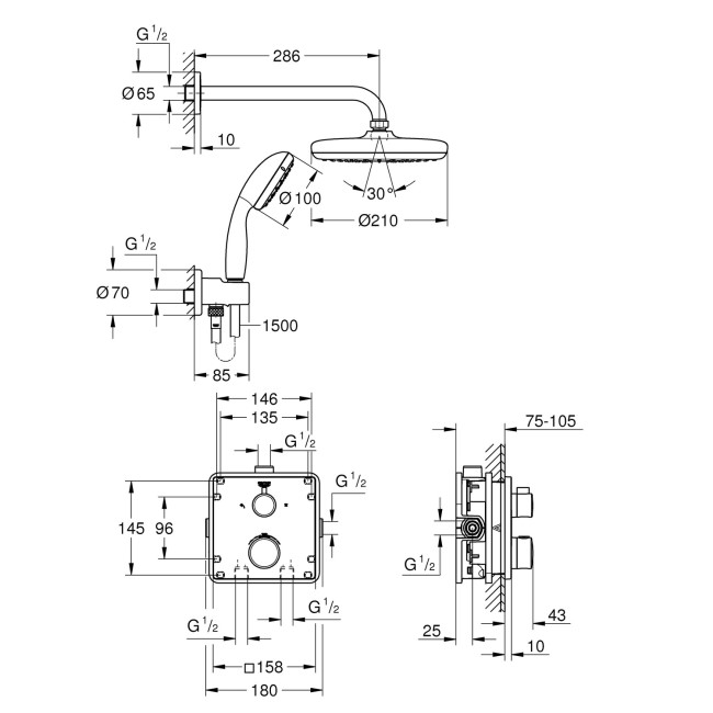 Grohe Tempesta 210 Chrome Concealed Shower Mixer with Dual Control & Round Wall Mounted Head and Hand Shower with Square Valve