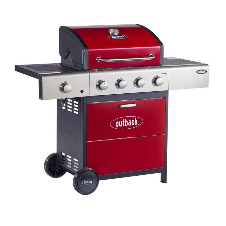 Outback Meteor - 4 Burner Gas BBQ Grill with Side Burner - Red