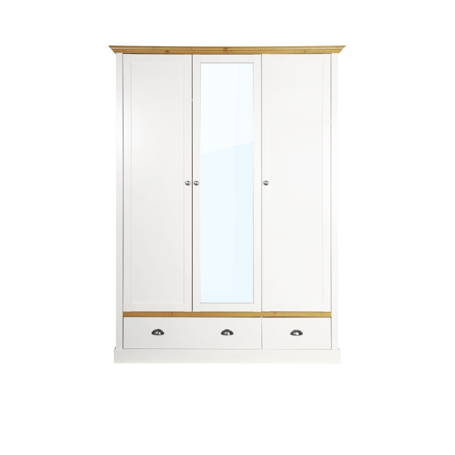 Sandringham 3 Door 2 Drawer Mirror Robe in White and Pine