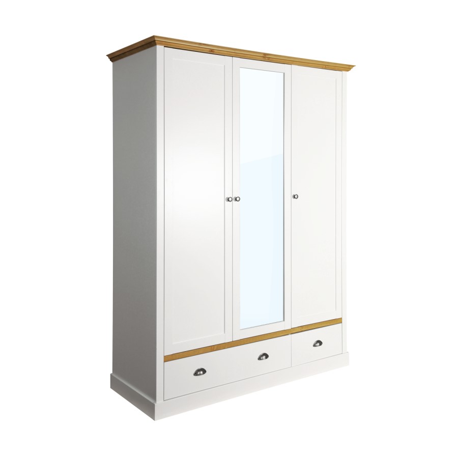 Sandringham 3 Door 2 Drawer Mirror Robe in White and Pine
