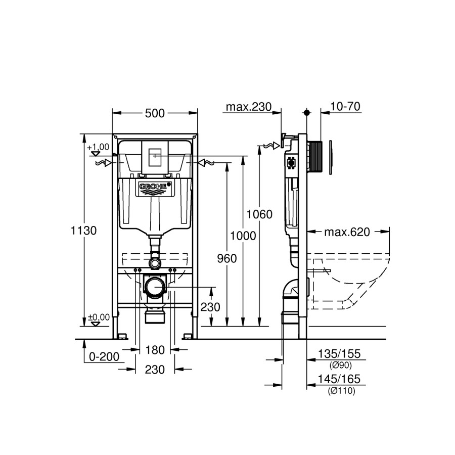 Grohe Rapid SL 1.13m 3 in 1 Set Support Frame for Wall Hung WC