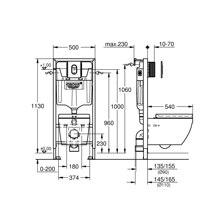 Wall Hung Rimless Toilet with Soft Close Seat Frame and Cistern - Grohe Solido Euro