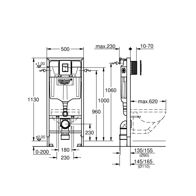 Grohe Solido 1.13m 4-in-1 Set Support Low Noise Frame for Wall Hung WC with Chrome Flush Plate