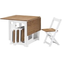White and Pine Drop Leaf Dining Table Set with 4 Chairs - Seats 4 - Santos